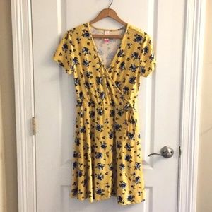 Yellow Floral Faux Wrap Dress Sundress